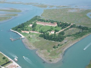 Aerial view of the Old Quarantine Station called Lazzaretto Nuovo